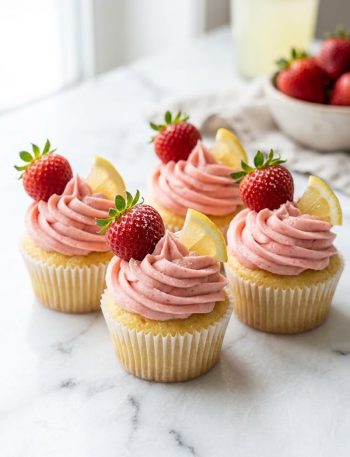 A group of strawberry lemonade cupcakes with tall swirls of natural pink strawberry buttercream frosting topped with fresh whole strawberries and lemon slices on a white marble surface