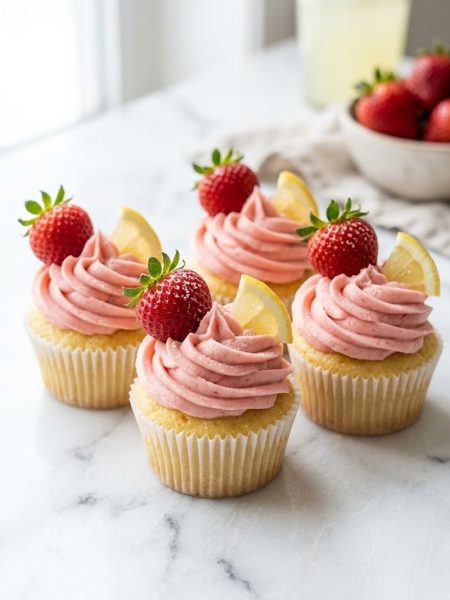 A group of strawberry lemonade cupcakes with tall swirls of natural pink strawberry buttercream frosting topped with fresh whole strawberries and lemon slices on a white marble surface