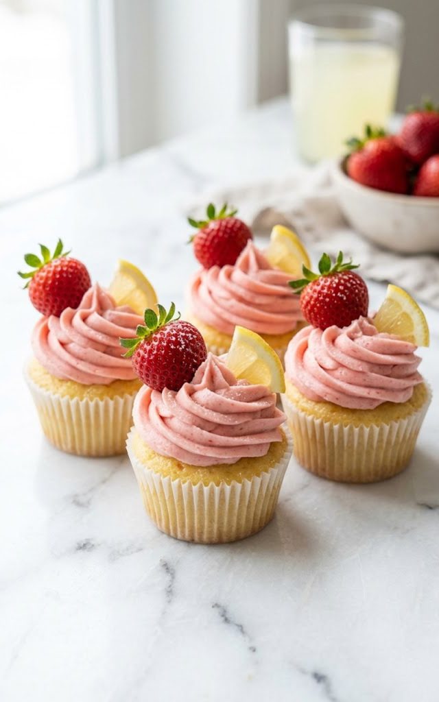 A group of strawberry lemonade cupcakes with tall swirls of natural pink strawberry buttercream frosting topped with fresh whole strawberries and lemon slices on a white marble surface