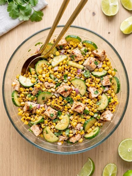 A large glass bowl of street corn creamy cucumber chicken salad with grilled chicken pieces, charred corn, sliced cucumbers, diced red onion, fresh cilantro, and a smoky creamy dressing, shot from above on a light wooden surface