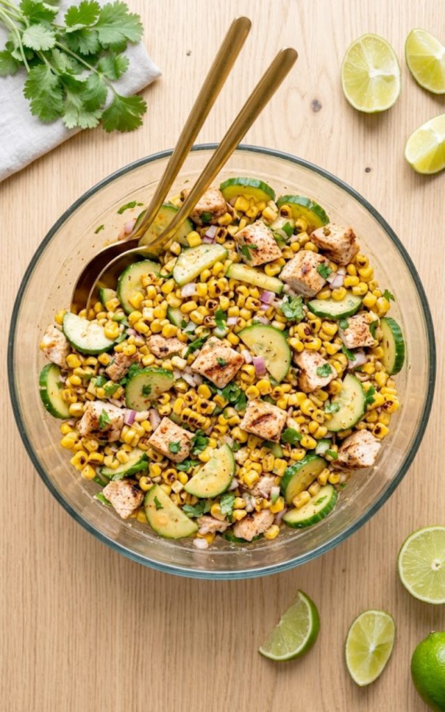 A large glass bowl of street corn creamy cucumber chicken salad with grilled chicken pieces, charred corn, sliced cucumbers, diced red onion, fresh cilantro, and a smoky creamy dressing, shot from above on a light wooden surface
