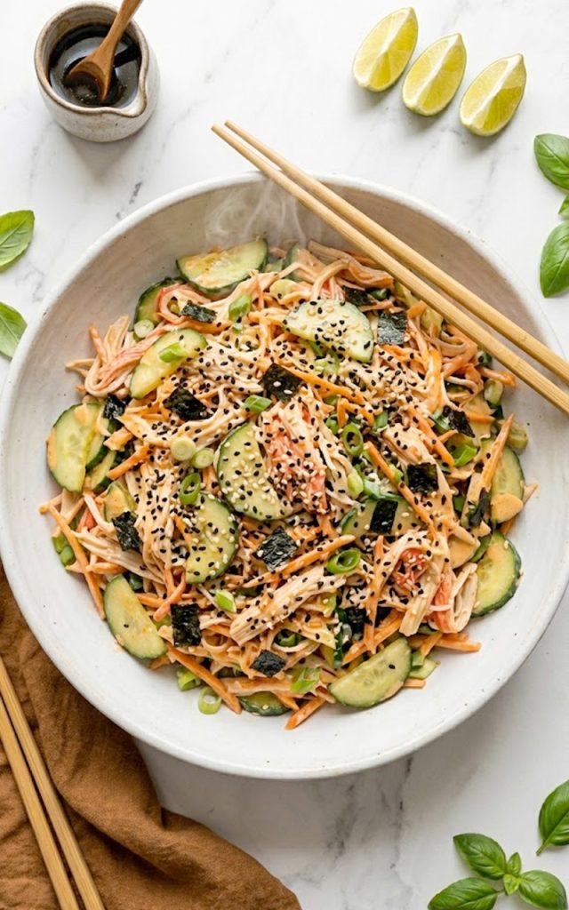 A white bowl of sushi cucumber salad with imitation crab, sliced cucumbers, nori pieces, black sesame seeds and creamy spicy mayo dressing with chopsticks resting on the side