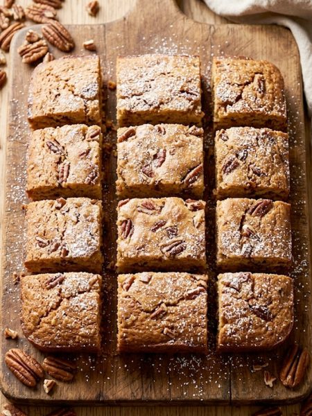 Golden brown sweet Alabama pecan bread cut into squares on a rustic wooden board with whole pecans scattered around
