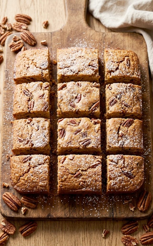 Golden brown sweet Alabama pecan bread cut into squares on a rustic wooden board with whole pecans scattered around