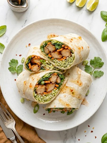 Two sweet chili chicken wraps cut in half and stacked on a white plate showing the glossy glazed chicken crunchy cabbage slaw shredded carrots fresh cilantro and lime wedges