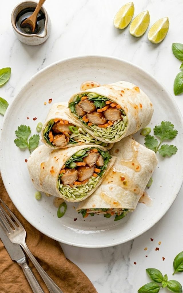 Two sweet chili chicken wraps cut in half and stacked on a white plate showing the glossy glazed chicken crunchy cabbage slaw shredded carrots fresh cilantro and lime wedges