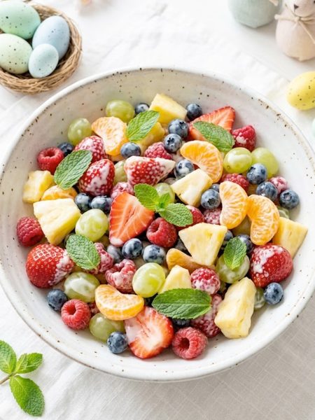 A colorful Easter fruit salad with strawberries, blueberries, raspberries, grapes, pineapple, and mandarin oranges tossed in a creamy vanilla yogurt dressing, served in a white bowl on a bright spring table setting