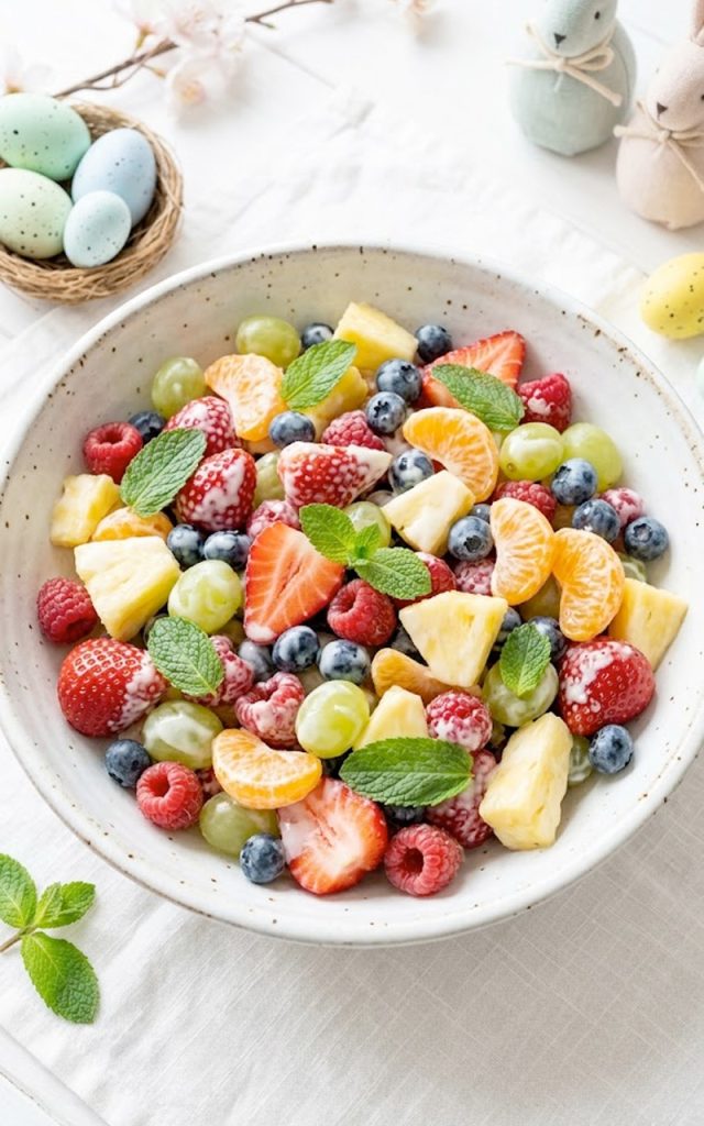 A colorful Easter fruit salad with strawberries, blueberries, raspberries, grapes, pineapple, and mandarin oranges tossed in a creamy vanilla yogurt dressing, served in a white bowl on a bright spring table setting
