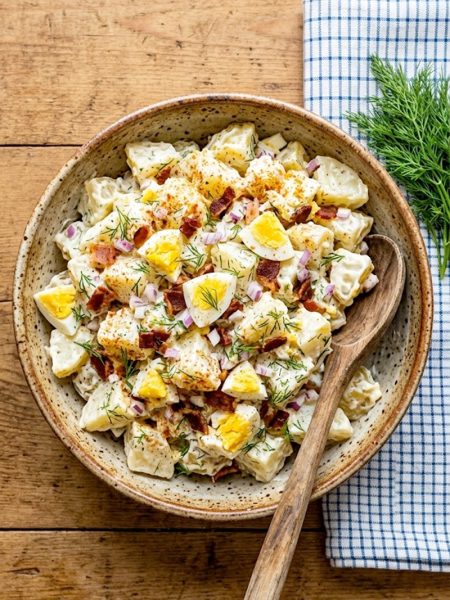 A large ceramic bowl of creamy classic potato salad with tender Yukon gold potato chunks, crispy bacon crumbles, chopped hard boiled eggs, fresh dill, diced red onion, and a dusting of smoked paprika on top, shot from above on a warm wooden surface