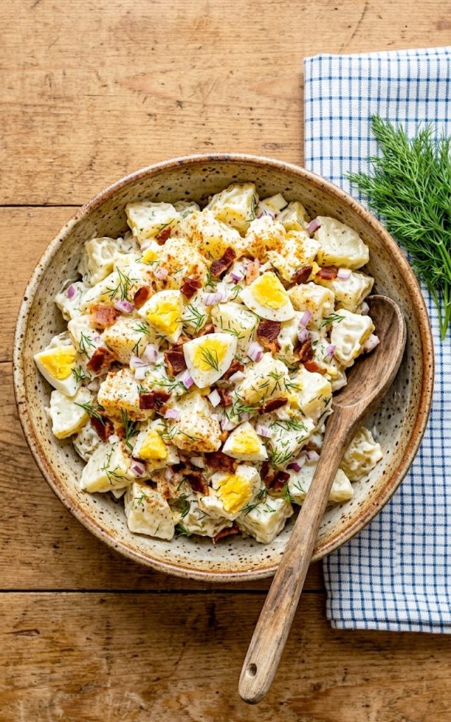 A large ceramic bowl of creamy classic potato salad with tender Yukon gold potato chunks, crispy bacon crumbles, chopped hard boiled eggs, fresh dill, diced red onion, and a dusting of smoked paprika on top, shot from above on a warm wooden surface