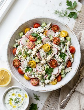 A bowl of creamy tzatziki chicken salad with visible cherry tomatoes, radishes, cucumber, and fresh dill, served on a light wooden surface