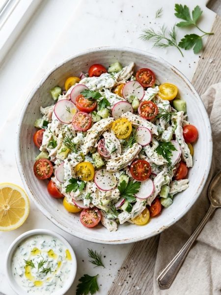A bowl of creamy tzatziki chicken salad with visible cherry tomatoes, radishes, cucumber, and fresh dill, served on a light wooden surface