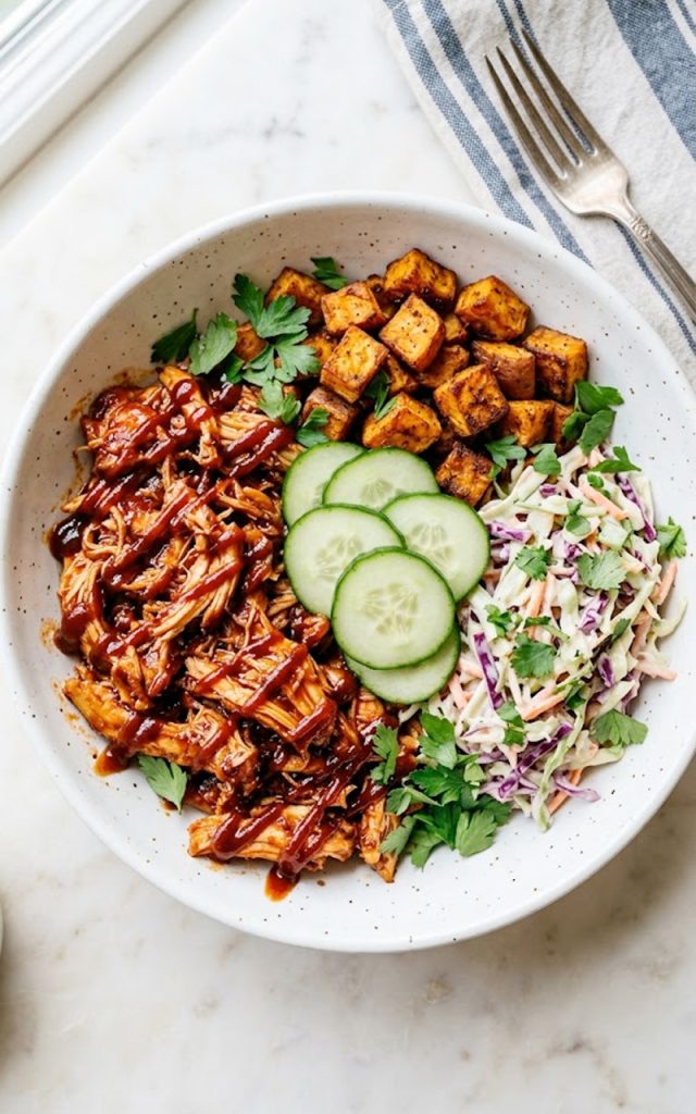 A wide white ceramic bowl filled with saucy shredded BBQ chicken, crispy roasted sweet potato cubes, creamy purple and green coleslaw, and fresh cucumber rounds topped with parsley