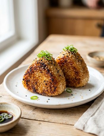 Two golden crispy yaki onigiri grilled rice balls on a white plate brushed with soy sauce glaze and topped with sesame seeds and green onions