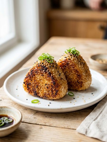 Two golden crispy yaki onigiri grilled rice balls on a white plate brushed with soy sauce glaze and topped with sesame seeds and green onions