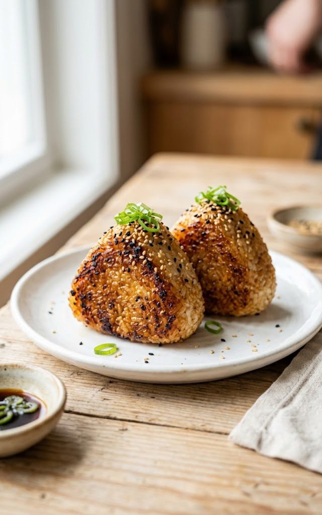 Two golden crispy yaki onigiri grilled rice balls on a white plate brushed with soy sauce glaze and topped with sesame seeds and green onions
