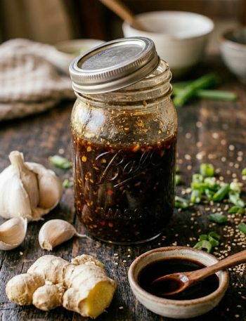 A glass jar filled with homemade all-purpose stir-fry sauce surrounded by fresh garlic, ginger, and soy sauce on a rustic wooden surface