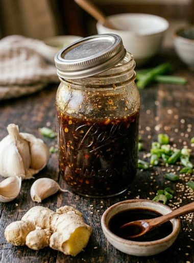 A glass jar filled with homemade all-purpose stir-fry sauce surrounded by fresh garlic, ginger, and soy sauce on a rustic wooden surface