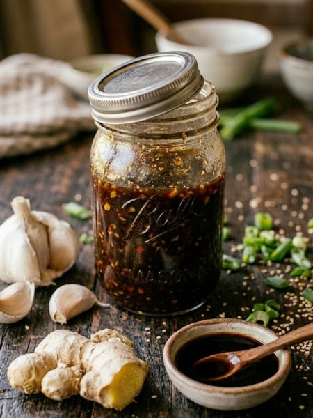 A glass jar filled with homemade all-purpose stir-fry sauce surrounded by fresh garlic, ginger, and soy sauce on a rustic wooden surface