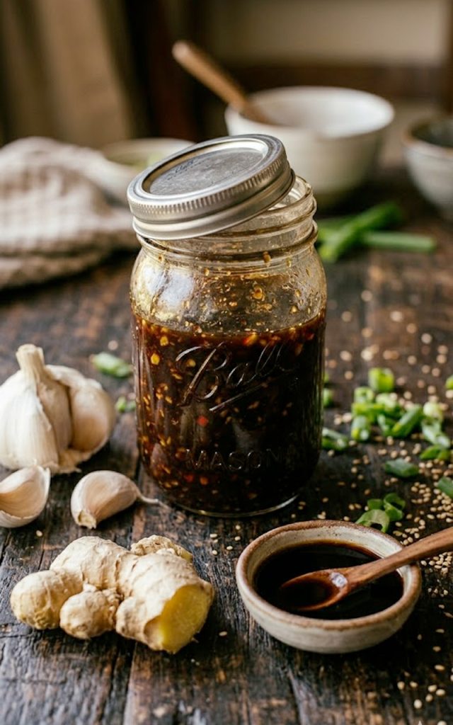 A glass jar filled with homemade all-purpose stir-fry sauce surrounded by fresh garlic, ginger, and soy sauce on a rustic wooden surface