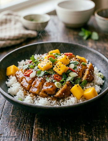 A bowl of sticky Asian mango glazed chicken sliced over jasmine rice topped with fresh mango chunks, cilantro, red chili slices, and sesame seeds