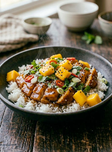 A bowl of sticky Asian mango glazed chicken sliced over jasmine rice topped with fresh mango chunks, cilantro, red chili slices, and sesame seeds