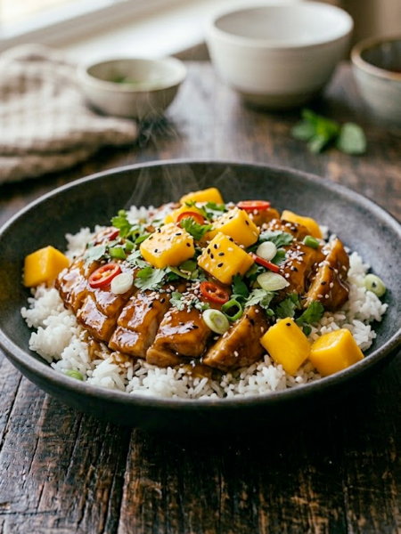A bowl of sticky Asian mango glazed chicken sliced over jasmine rice topped with fresh mango chunks, cilantro, red chili slices, and sesame seeds