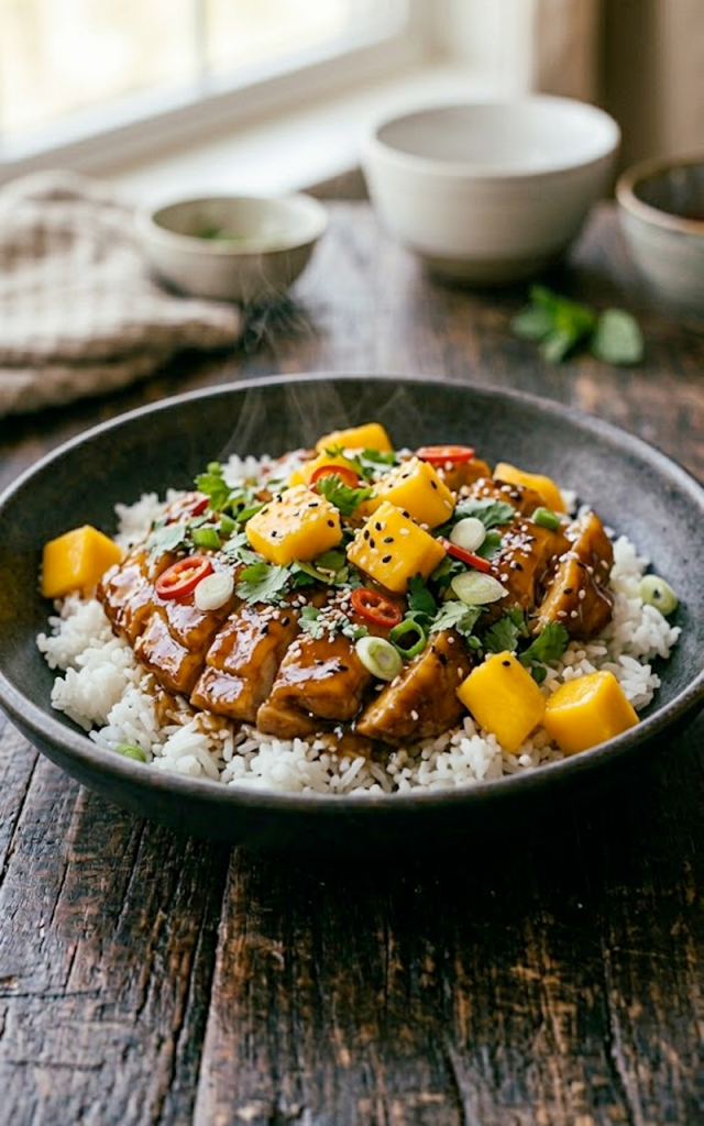 A bowl of sticky Asian mango glazed chicken sliced over jasmine rice topped with fresh mango chunks, cilantro, red chili slices, and sesame seeds