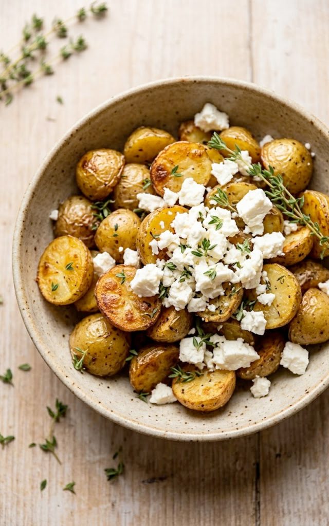 Crispy roasted baby potatoes topped with crumbled feta cheese and fresh thyme in a rustic ceramic bowl