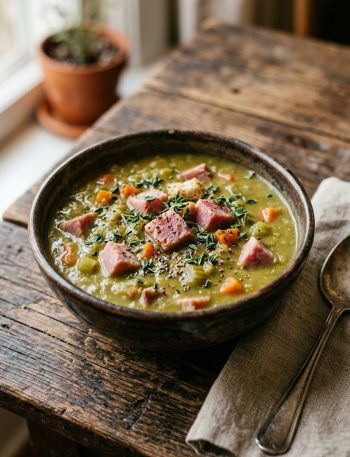 A bowl of thick and hearty split pea soup with ham, garnished with fresh thyme and cracked black pepper