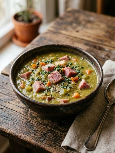 A bowl of thick and hearty split pea soup with ham, garnished with fresh thyme and cracked black pepper