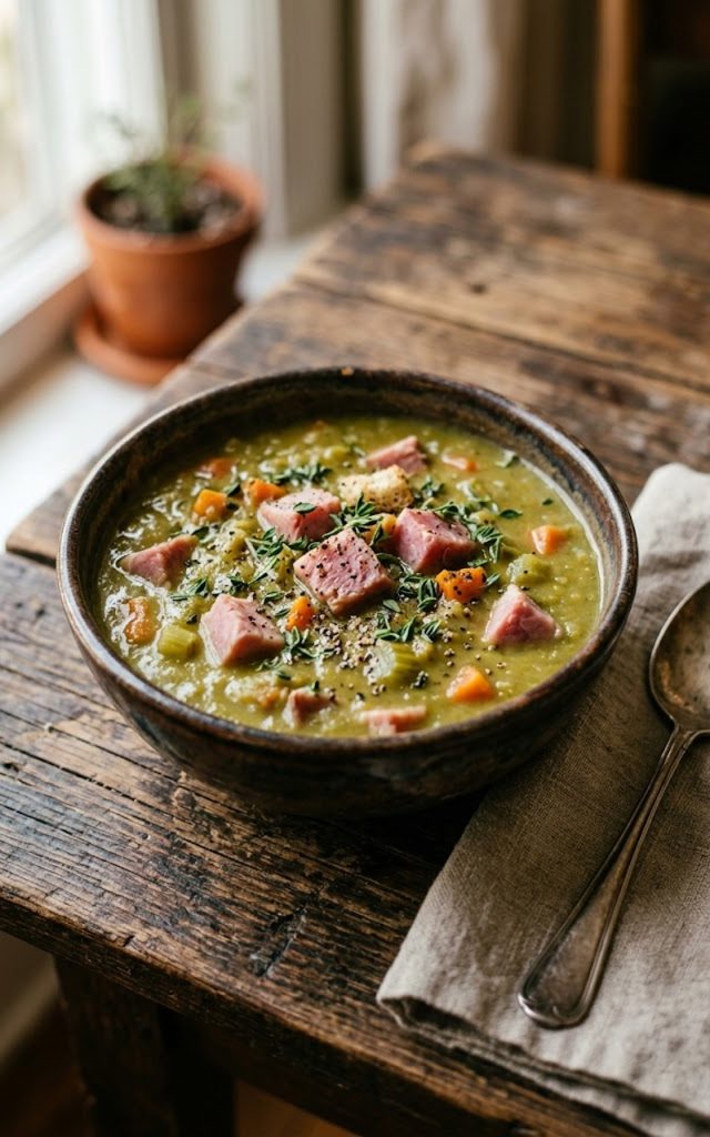 A bowl of thick and hearty split pea soup with ham, garnished with fresh thyme and cracked black pepper