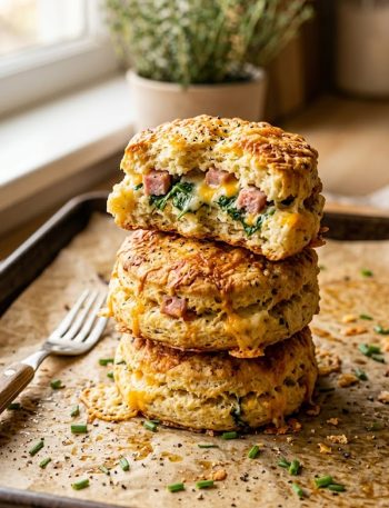 Golden breakfast protein biscuits loaded with ham spinach and cheddar cheese stacked on a baking sheet