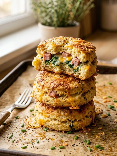 Golden breakfast protein biscuits loaded with ham spinach and cheddar cheese stacked on a baking sheet