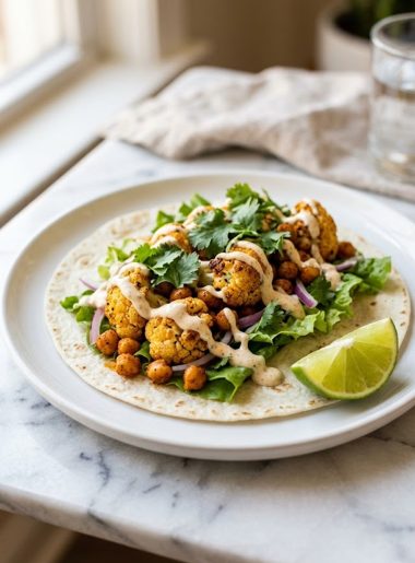 A chili lime chickpea cauliflower wrap on a white plate with crispy roasted cauliflower chickpeas fresh greens and creamy chili lime sauce