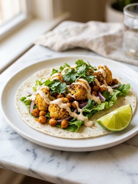 A chili lime chickpea cauliflower wrap on a white plate with crispy roasted cauliflower chickpeas fresh greens and creamy chili lime sauce