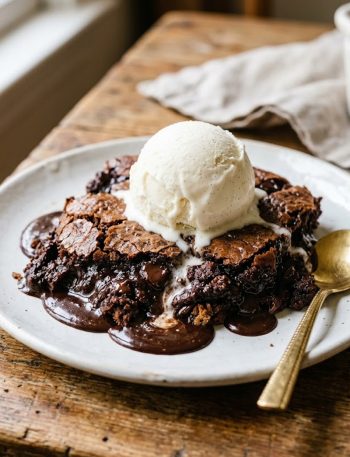 A serving of warm chocolate cobbler with a scoop of vanilla ice cream melting into the rich fudgy sauce on a white plate