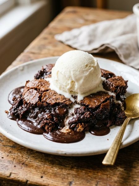 A serving of warm chocolate cobbler with a scoop of vanilla ice cream melting into the rich fudgy sauce on a white plate