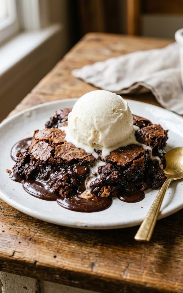 A serving of warm chocolate cobbler with a scoop of vanilla ice cream melting into the rich fudgy sauce on a white plate