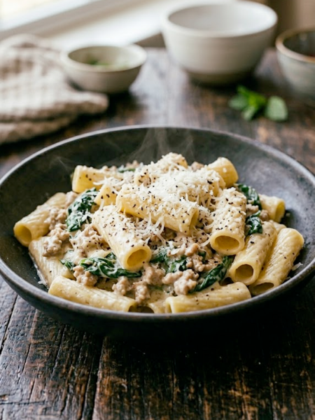 A dark bowl of creamy ground turkey spinach rigatoni pasta topped with freshly grated parmesan and cracked black pepper on a wooden surface