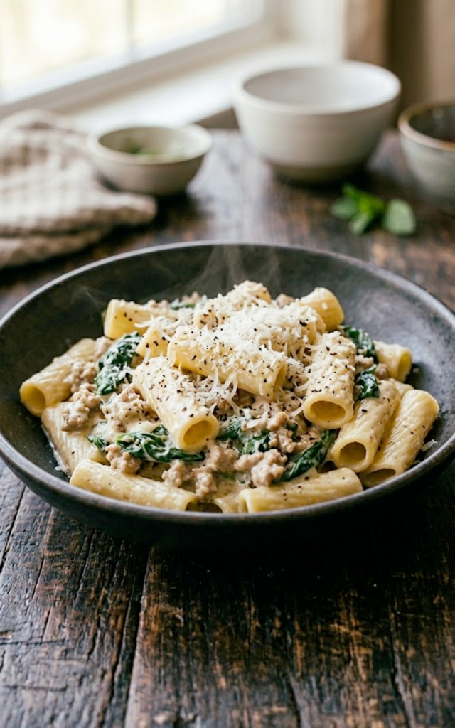 A dark bowl of creamy ground turkey spinach rigatoni pasta topped with freshly grated parmesan and cracked black pepper on a wooden surface