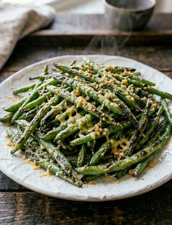 A plate of crispy garlic parmesan green beans with golden garlic bits and freshly grated parmesan scattered throughout on a white ceramic plate