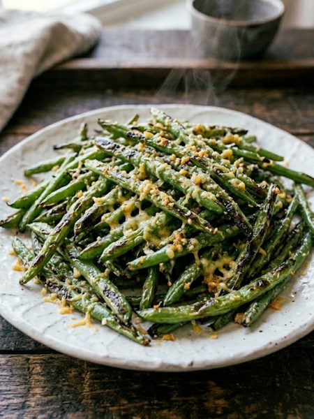 A plate of crispy garlic parmesan green beans with golden garlic bits and freshly grated parmesan scattered throughout on a white ceramic plate