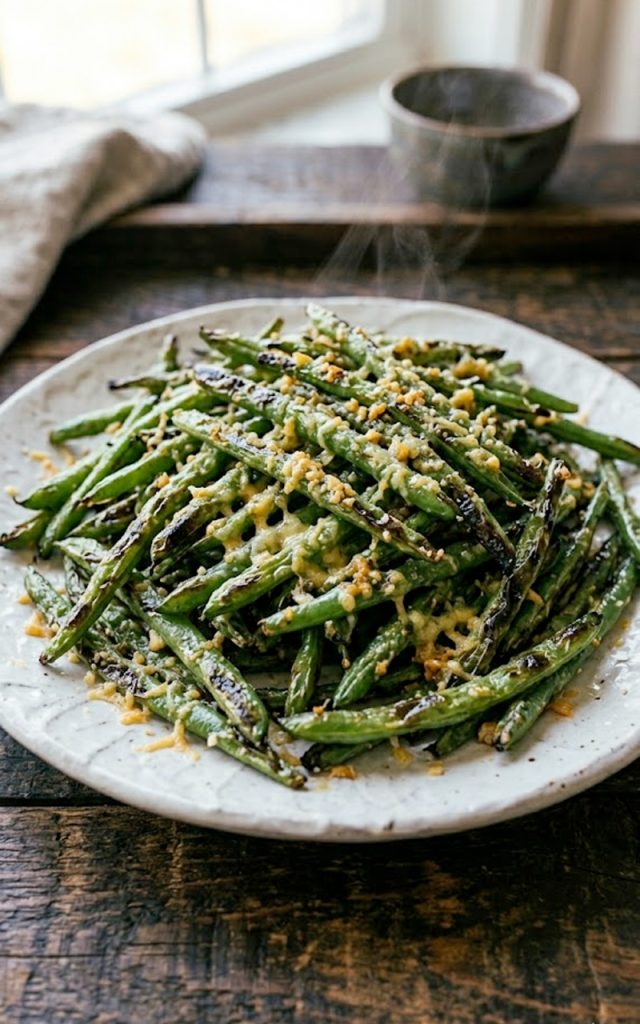 A plate of crispy garlic parmesan green beans with golden garlic bits and freshly grated parmesan scattered throughout on a white ceramic plate