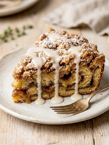 A warm slice of gooey cinnamon roll dump cake drizzled with vanilla glaze on a ceramic plate