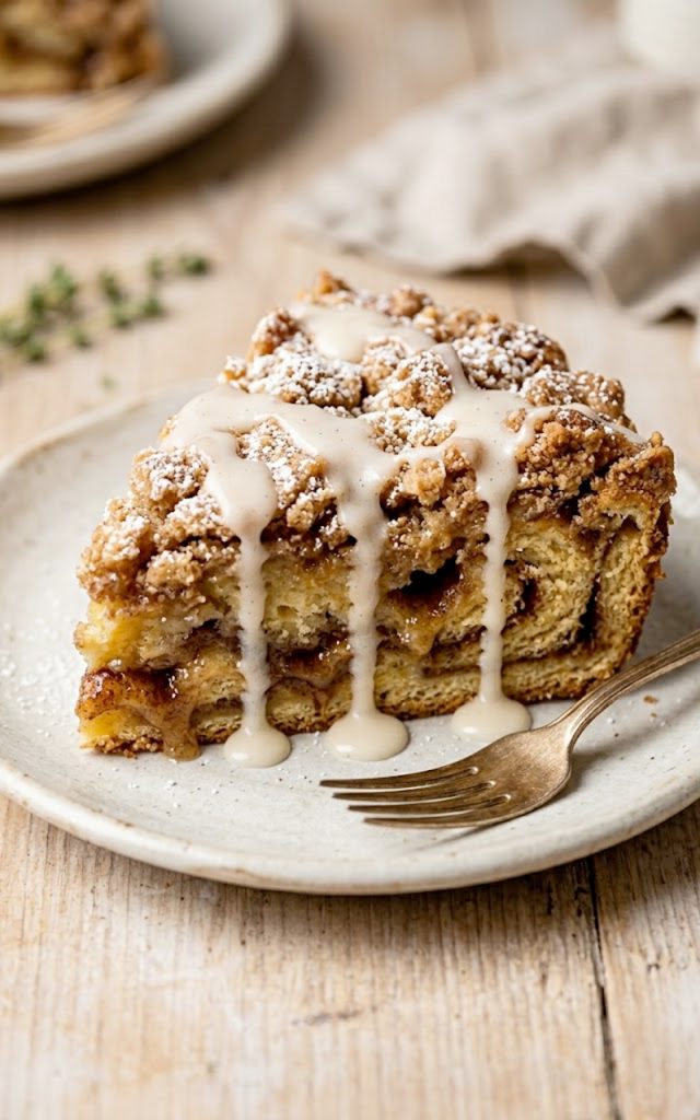 A warm slice of gooey cinnamon roll dump cake drizzled with vanilla glaze on a ceramic plate