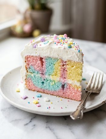 A slice of Easter bunny poke cake showing stunning pastel pink blue and yellow layers topped with fluffy whipped cream and colorful Easter sprinkles