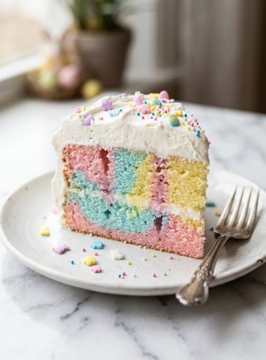 A slice of Easter bunny poke cake showing stunning pastel pink blue and yellow layers topped with fluffy whipped cream and colorful Easter sprinkles