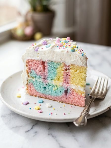 A slice of Easter bunny poke cake showing stunning pastel pink blue and yellow layers topped with fluffy whipped cream and colorful Easter sprinkles