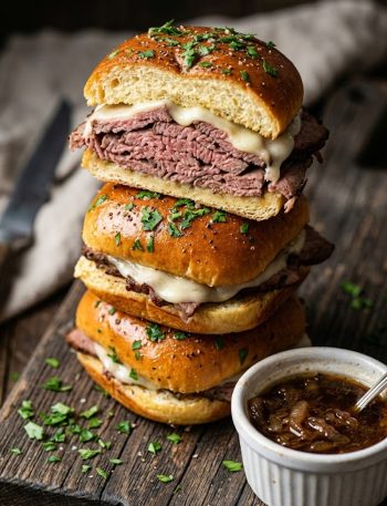 Golden French dip sliders stacked on a wooden board with melted provolone and roast beef visible alongside a bowl of rich au jus for dipping